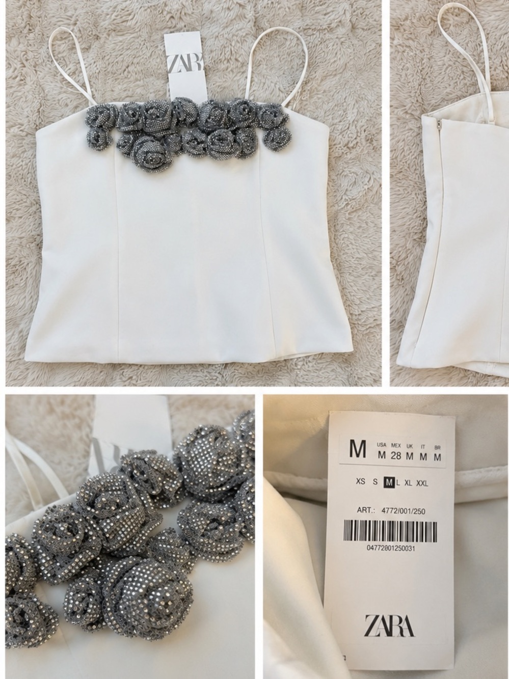 ZARA Cream Corset Cami Top with Silver Rhinestone Floral Trim